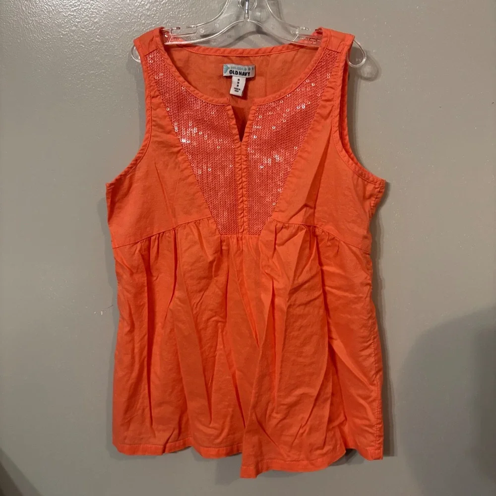 Old Navy Set of 2 Sleeveless Top Orange Teal Sequin Embellished (Girls Medium 8)